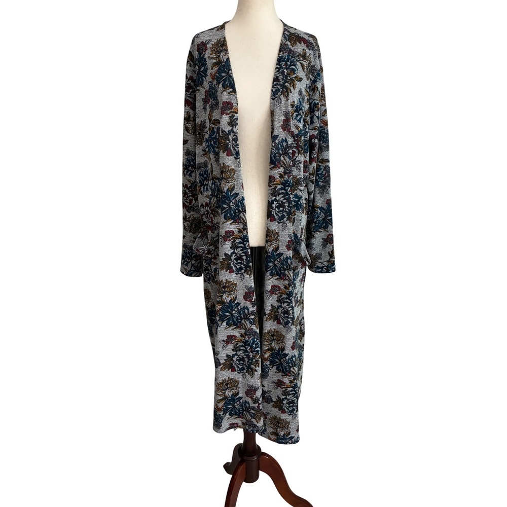 LuLaRoe Sarah Duster Cardigan Gray Floral Longline Open Front Pockets XL